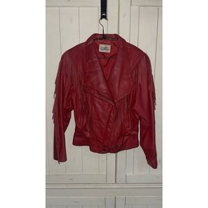 Vintage 80's Red Leather Warehouse Fringe Biker Jacket Size 10